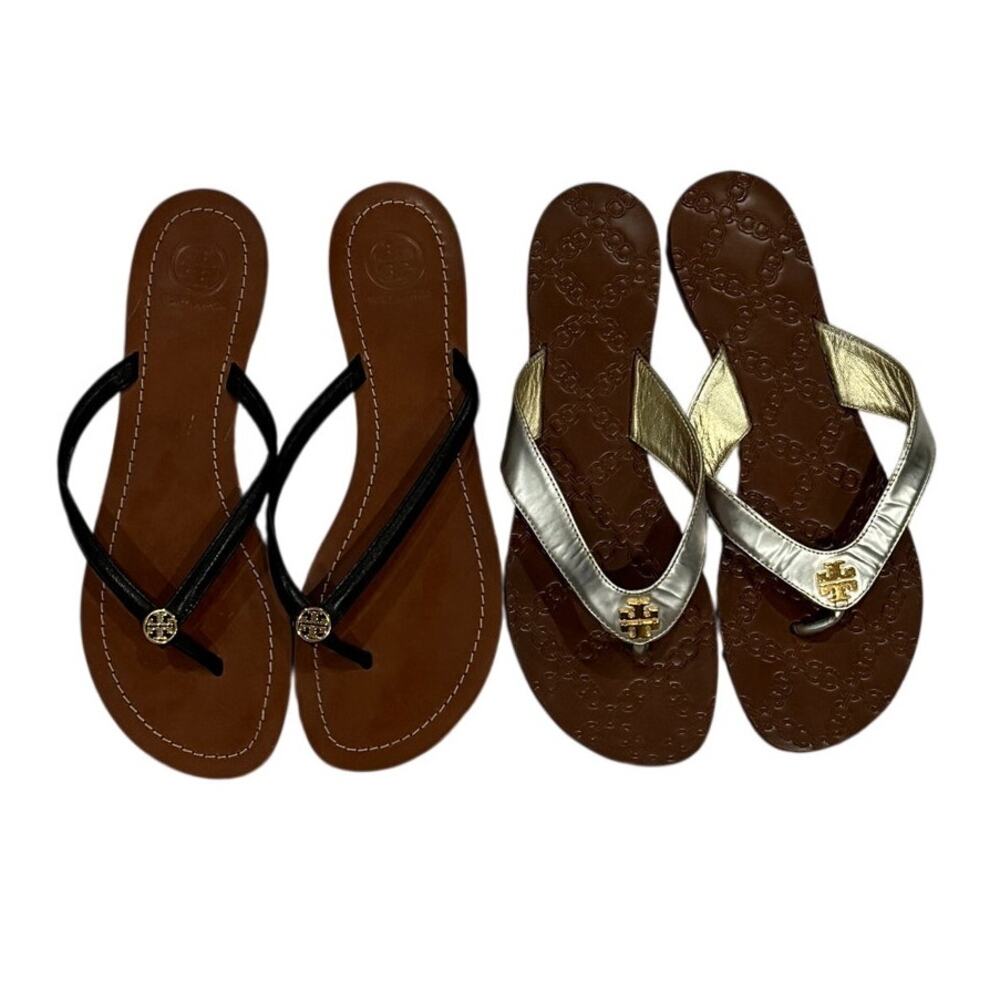 Tory Burch Miller Thong Sandal Lot 2 Pairs Womens 9 Black Silver Leather VGUC - Picture 2 of 16